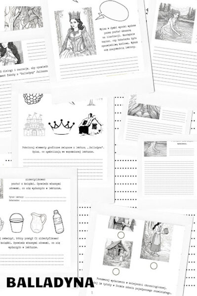 "Balladyna" -angażujące zadania na stacje zadaniowe lub jako karty pracy. Kolorowanki edukacyjne.