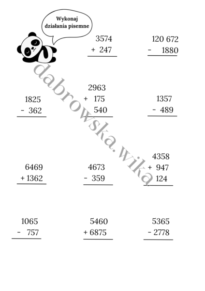 Działania pisemne - karta pracy