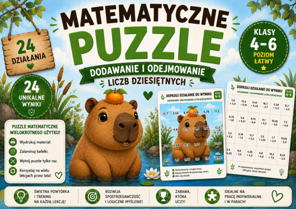 Matematyczne puzzle – dodawanie i odejmowanie liczb dziesiętnych | poziom łatwy | klasy 4–6 I SPE