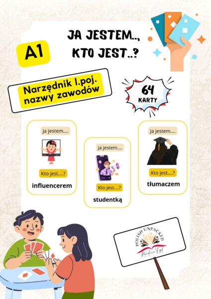 64 karty "Ja jestem, kto jest" nazwy zawodów, narzędnik l.poj., jpjo poziom A1