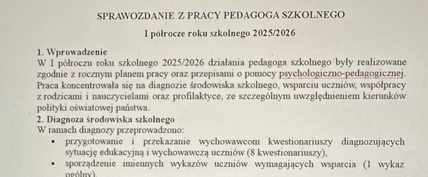 Sprawozdanie pedagoga szkolnego I półrocze 2025/2026