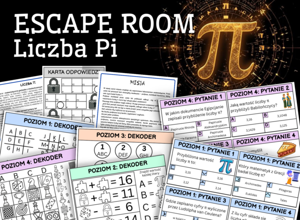 ESCAPE ROOM, STACJE ZADANIOWE - LICZBA PI - Szyfry, Łamigłówki, klasa 3,4,5,6,7,8, zabawa, koniec roku, początek roku, dzień liczby pi, dzień matematyki, zastępstwo