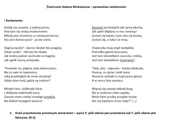 Twórczość Adama Mickiewicza - sprawdzian