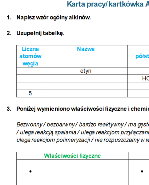 Karta pracy / kartkówka ALKINY