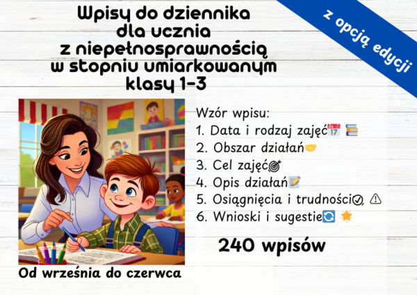 Wpisy do dziennika dla ucznia z niepełnosprawnością w stopniu umiarkowanym klasy 1-3