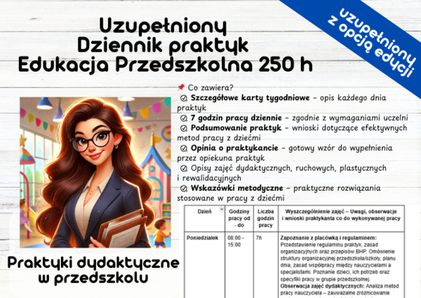 Uzupełniony „Dziennik Praktyk 250h – Edukacja Przedszkolna”