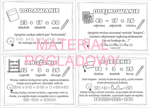 Suma, różnica, iloczyn, iloraz - notatka, plansza, wklejka
