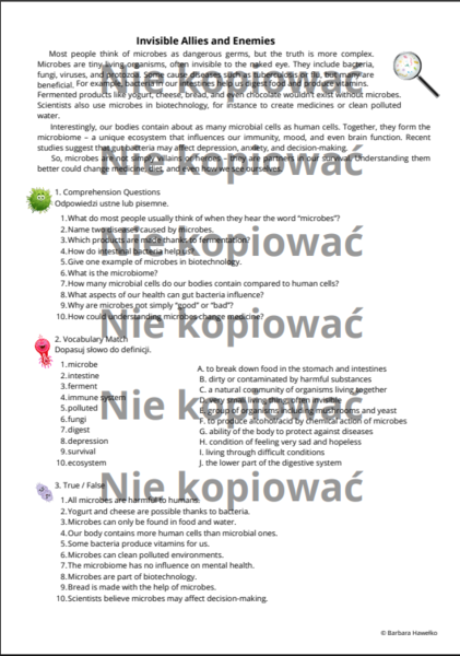 Karta pracy - czytanka "The Secret Life of Microbes" B2 z ćw. na czas Present Perfect v. Past Simple
