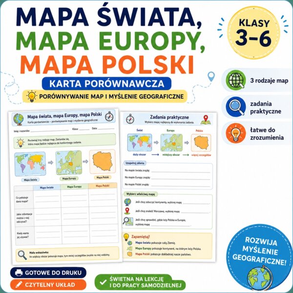 Karta porównawcza. Mapa świata, mapa Europy, mapa Polski