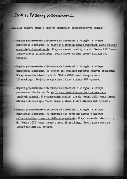 Tematy przemówień - Metro 2033