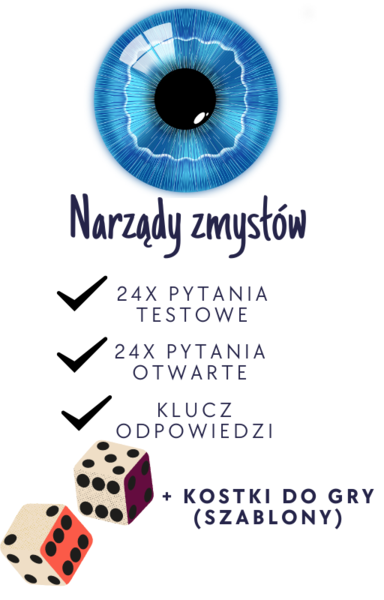 Narządy zmysłów - ćwiczenia do lekcji/ zadania / gra do lekcji - 24 pytań testowych i 24 pytań otwartych wraz z odpowiedziami + kostki do gry (szablony)