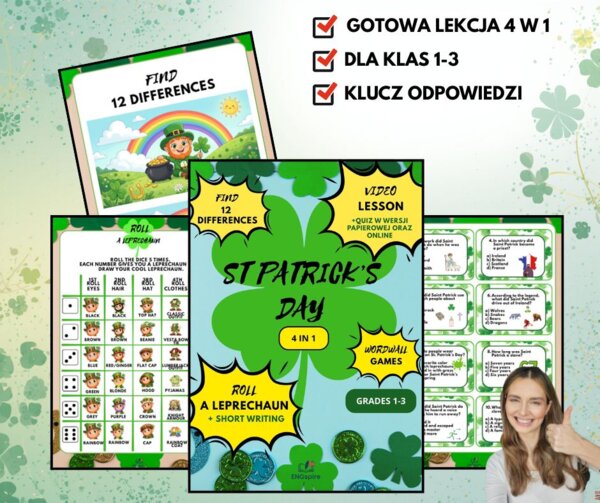 St. Patrick’s Day – gotowa lekcja + e-book (video, quiz, Roll a Leprechaun, Wordwall) | klasy 1–3