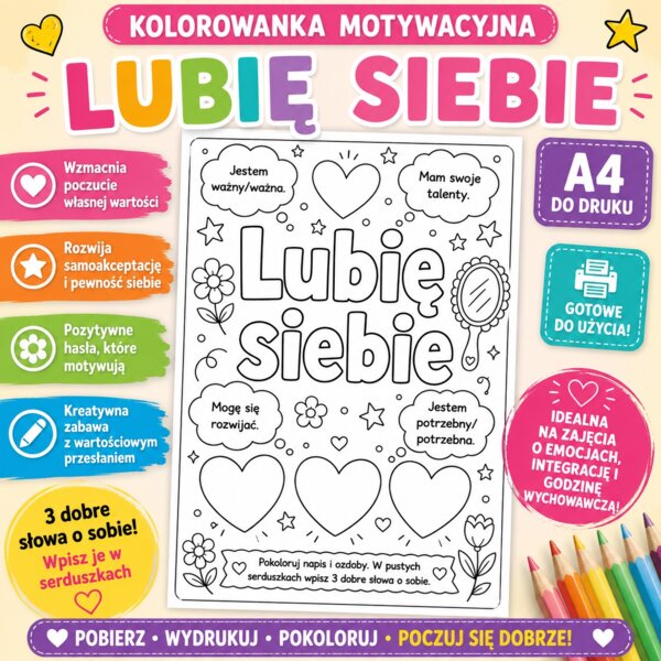Kolorowanka motywacyjna. Lubię siebie