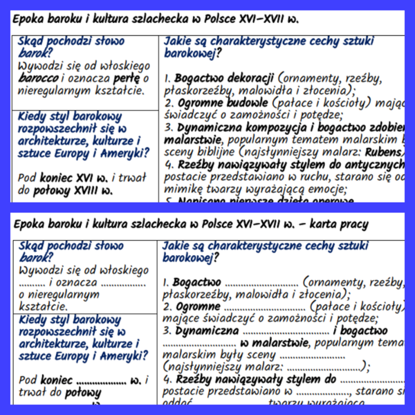 Epoka baroku i kultura szlachecka w Polsce XVI–XVII w. – notatki i karta pracy