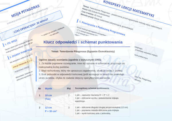 Twierdzenie Pitagorasa – KOMPLETNY PAKIET EGZAMINACYJNY (15 Stacji, Konspekt, Klucz CKE)