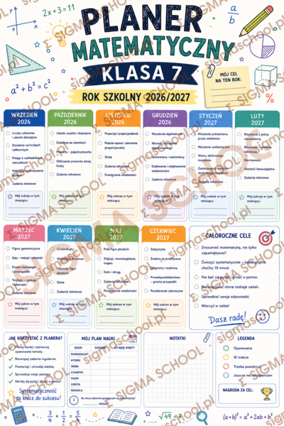 Kolorowy Plakat Planer Matematyczny do Druku – Klasa 7 (Rok Szkolny 2026/2027)