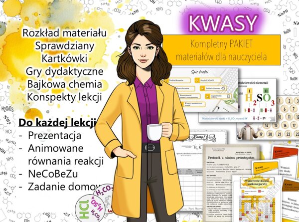 Chemia. Klasa 8. Kwasy nieorganiczne. Kompletny PAKIET materiałów do całego działu dla nauczyciela. Prezentacja. Karta pracy. Gra dydaktyczna. Zadanie. Powtórzenie wiadomości. TEST. Kartkówka. Sprawdzian.