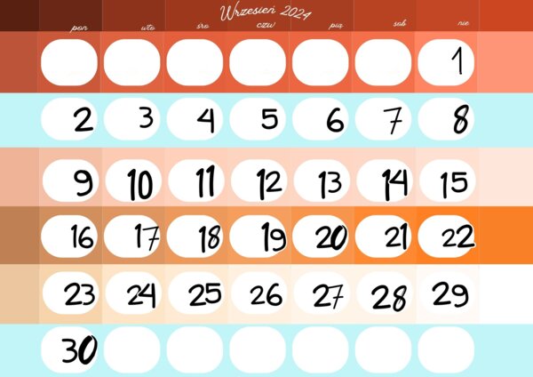 Wrzesień 2024, kartka z kalendarza, A4, 2szt. A4 i 9szt.A4