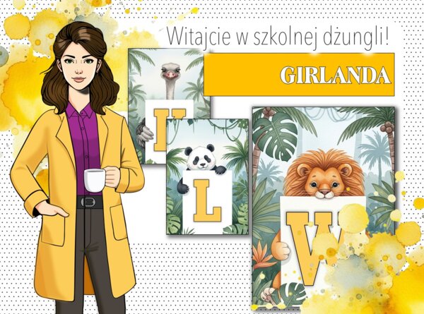 Girlanda / baner / proporczyk / napis / dekoracje / ścienna gazetka szkolna. Rozpoczęcie / Poczatek roku szkolnego. WITAJCIE W SZKOLNEJ DŹUNGLII!