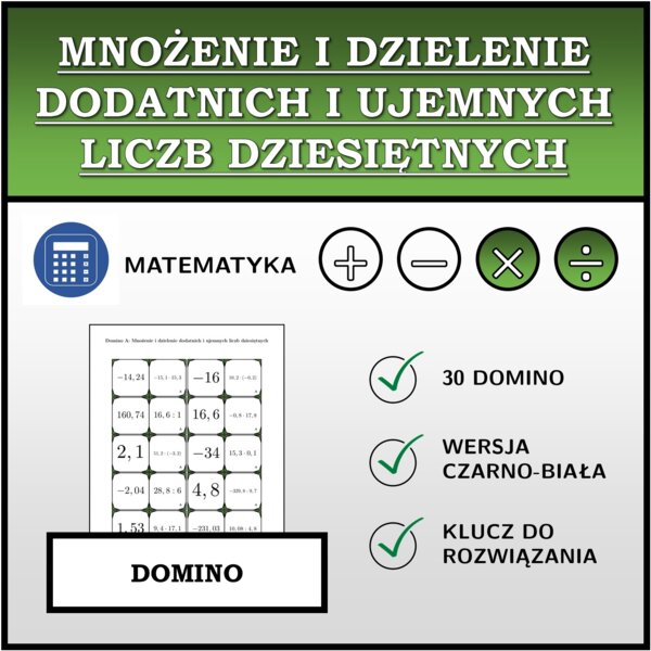 Domino - Mnożenie i dzielenie dodatnich i ujemnych liczb dziesiętnych | matematyka