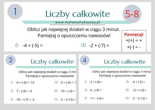 Dodawanie i odejmowanie LICZB CAŁKOWITYCH z NAWIASAMI / Karty pracy PDF kl. 5-8 + ROZWIĄZANIA