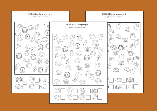 DZIEŃ JEŻA: znajdź, pokoloruj i policz - karta pracy - 3 wersje