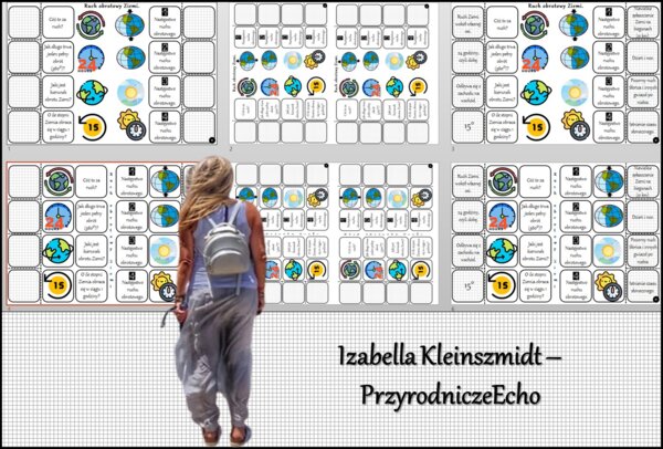 Notatka okienkowa/stacja zadaniowe/notatka interaktywna/notatka graficzna/karta pracy/sketchnotka „Ruch obrotowy Ziemi” w pdf. Geografia 6 , dział „Ruchy Ziemi”. Materiał wykonany na podstawie podręcznika z wydawnictwa Nowa Era – nowość 2024/2025.