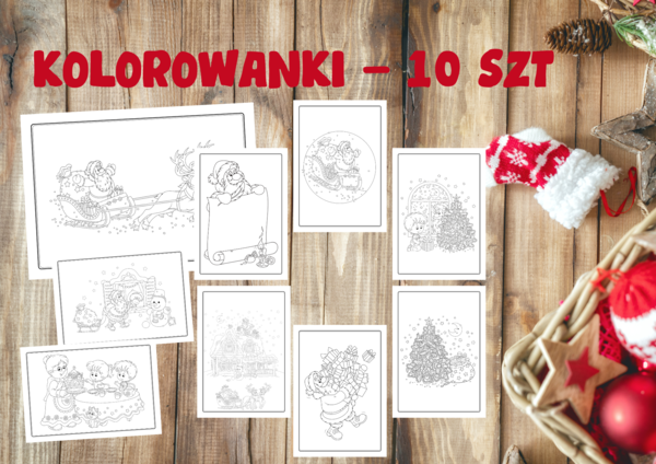 Kolorowanki świąteczne - Mikołaj, Choinka i Prezenty