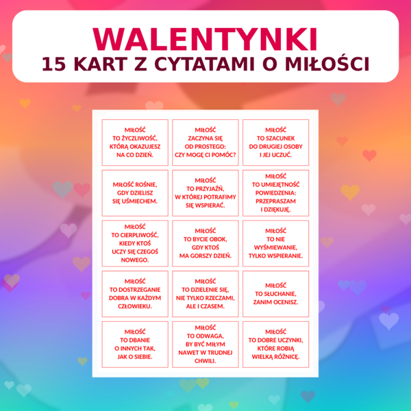 Cytaty o miłości – dekoracja klasy na WALENTYNKI (15 kart) | PDF + DOCX + miniatury (pakiet)