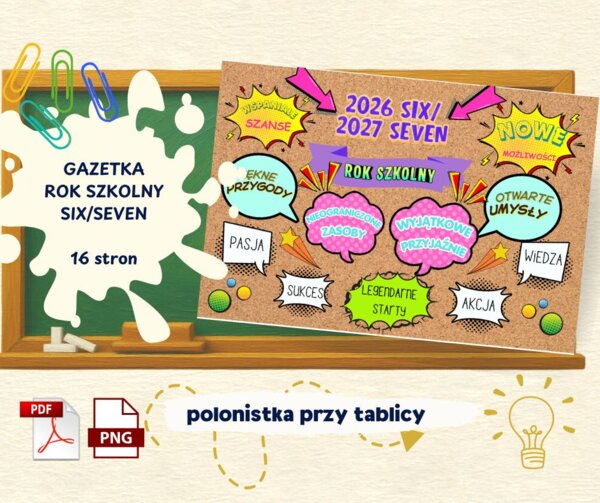 Gazetka szkolna na rozpoczęcie roku 2026/2027 – komiksowy pakiet dekoracyjny (PDF i PNG)