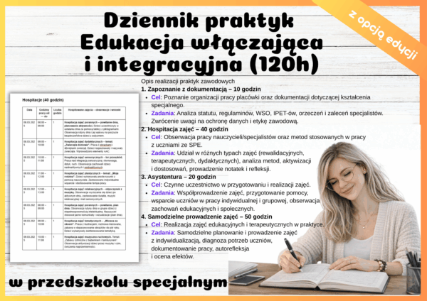 Dziennik praktyk Edukacja włączająca i integracyjna (120h) w przedszkolu specjalnym