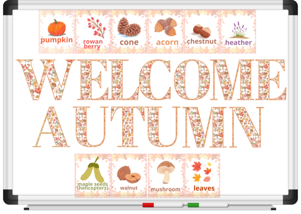 Welcome autumn - witaj jesień – gazetka szkolna, literki oraz dary jesieni, szablon canva- wersja angielska