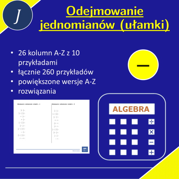 Odejmowanie jednomianów (ułamki) | matematyka, algebra | 26 kolumn