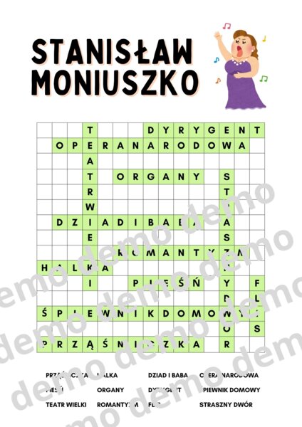 Muzyka, klasa 4-5. Stanisław Moniuszko. Karta pracy: wykreślanka.