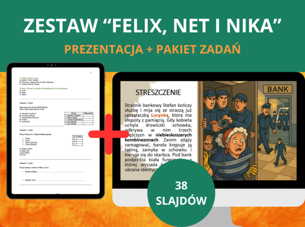 Zestaw – „Felix, Net i Nika oraz Gang Niewidzialnych Ludzi”: test + prezentacja ze streszczeniem [PDF/PPTX] – język polski, klasa 6