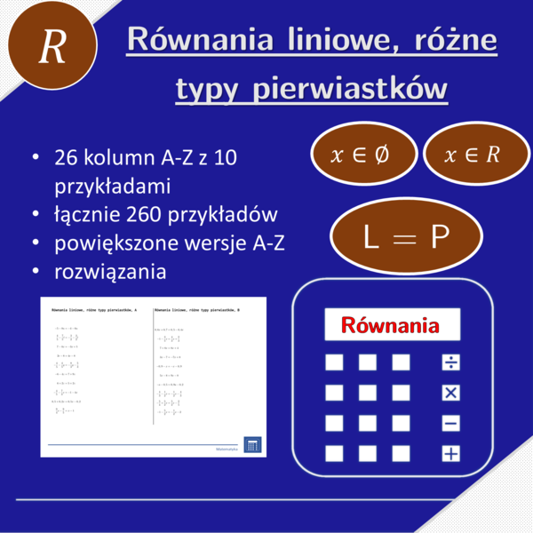 Równania liniowe, różne typy pierwiastków | matematyka, algebra | 26 kolumn