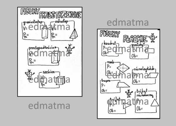 Karta pracy dwa w jednym - figury przestrzenne i figury płaskie - Sketchnotka