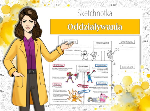 Fizyka. Klasa 7. Oddziaływania. Sketchnotka w klimacie pokemonów. Bajkowa fizyka.