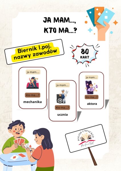 80 kart "Ja mam, kto ma" nazwy zawodów, biernik l.poj., jpjo poziom A2/B1.