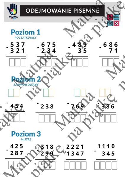 Odejmowanie pisemne/Karta pracy/Klasa 4 SP./ Klasa 5 SP./ Klasa 6 SP.