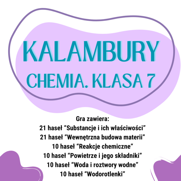 Chemia. Klasa 7. Kalambury - wciągająca gra edukacyjna. 82 pojęcia pochodzące z każdego działu.