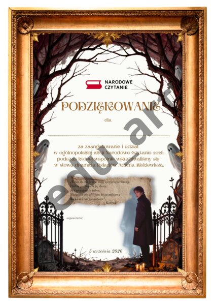 Narodowe Czytanie 2026 – Podziękowanie / Dyplom za udział („Dziady” A. Mickiewicza)