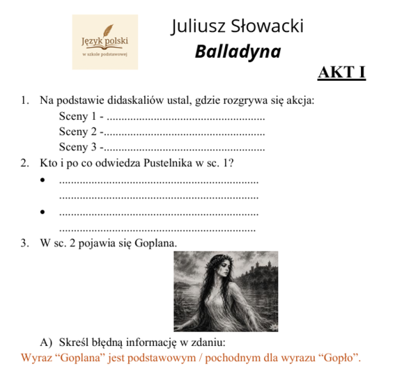 "Balladyna" - zadania do samodzielnej pracy z lekturą z odpowiedziami