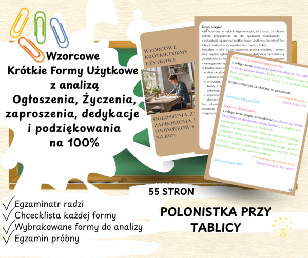 Wzorcowe krótkie formy użytkowe z analizą kolorystyczną ogłoszenie, życzenia, zaproszenie, dedykacja i podziękowanie na 100%