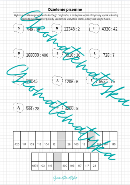 Dzielenie pisemne - kodowana karta pracy