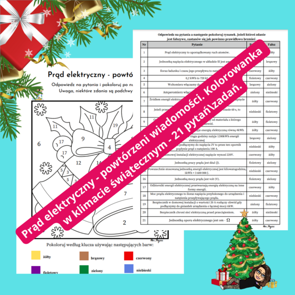 Fizyka. Kl 7,8 . Prąd elektryczny - powtórzenie. Kolorowanka w świątecznym klimacie. 21 zadań/pytań prawda/fałsz.