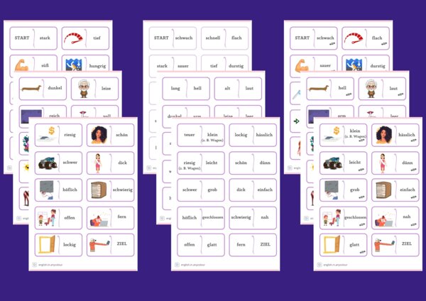 Niemiecki: Przymiotniki; 3 zestawy DOMINO; poziom A1/A2