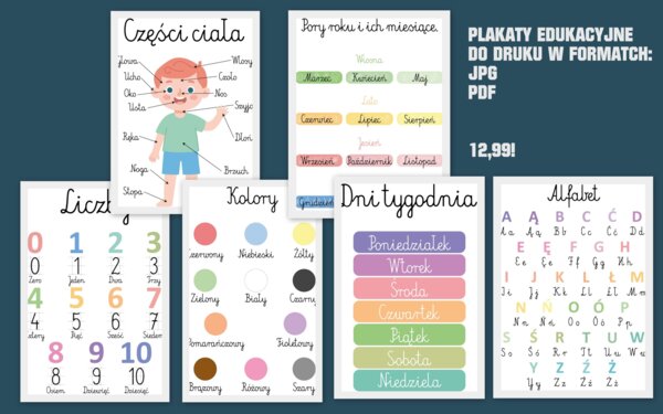 Plakaty Edukacyjne (Litery, cyfry, części ciała, pory roku i miesiące, dni tygodnia, kolory) pdf i jpg.