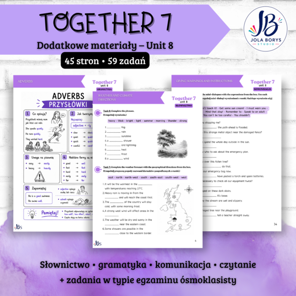 Together 7 Unit 8: Sunny Days – materiały dodatkowe: słownictwo, gramatyka, komunikacja, czytanie, E8 – karty pracy, ćwiczenia