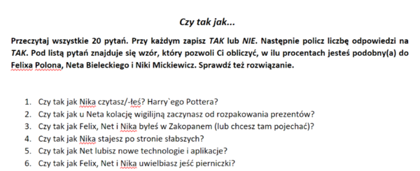 Gra typu psychotest z lektury "Felix, Net i Nika oraz Gang Niewidzialnych Ludzi"